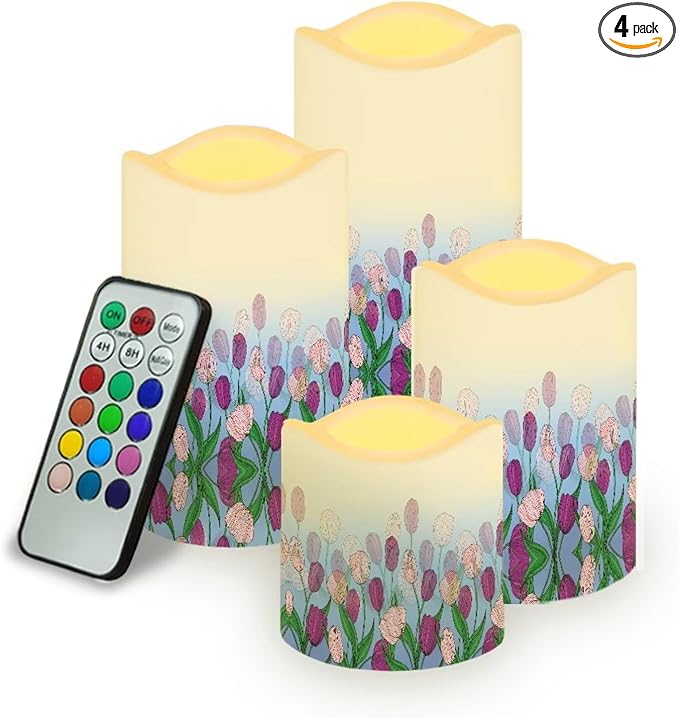 Ystardream Purple Tulips Flameless Candles with Timer Led Candles Flickering 4 Candle Sets for Home Decor,18 Key Remote Control,Dancing Flame, True Wax, Battery Power