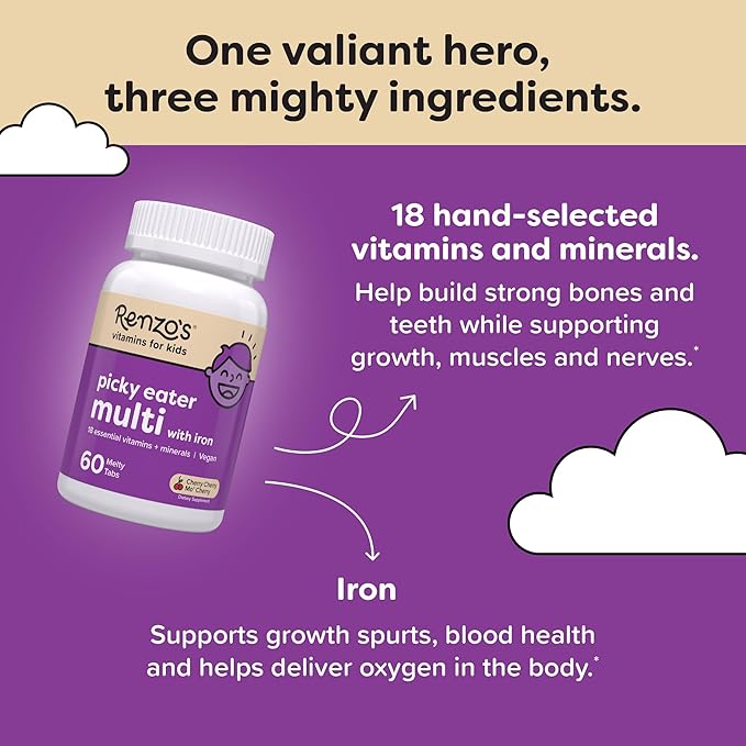 Renzo's Picky Eater Kids Multivitamin with Iron D3 & K2 and 60 Sugar-Free