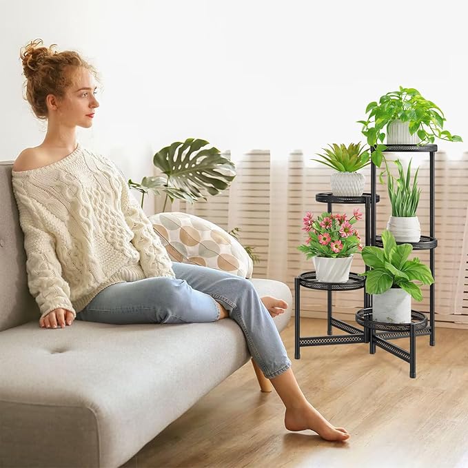 iDavosic.ly 5 Tier Large Plant Stand Indoor with 10 Inch Wide Tray, Tiered Corner Metal Outdoor Flower Display Holder Shelf, Folding Tall Rack for Patio Porch Balcony, Black Iron Carving