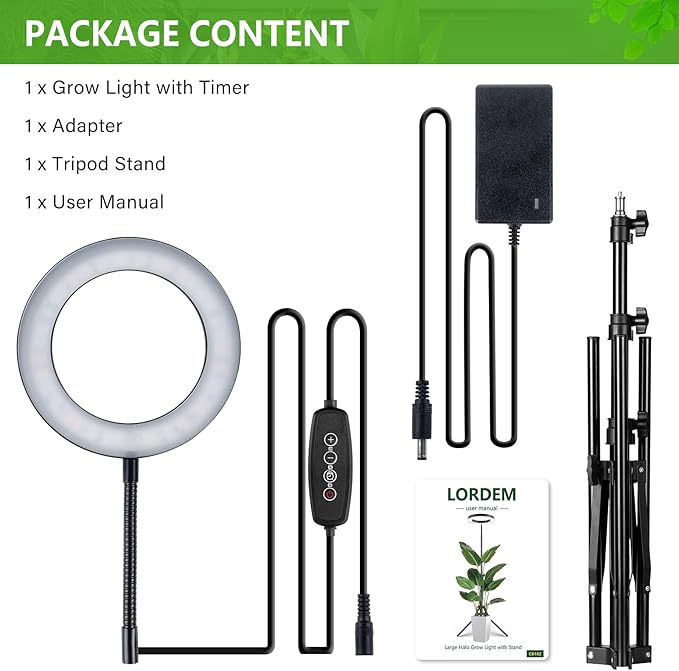 LORDEM Grow Light for Indoor Plants, Full Spectrum Plant Light with Auto Timer for 4/8/12H, 7.9" Diameter Growing Lamp with 108 LEDs, 4 Dimmable Levels, Adjustable Stand 24"-67"