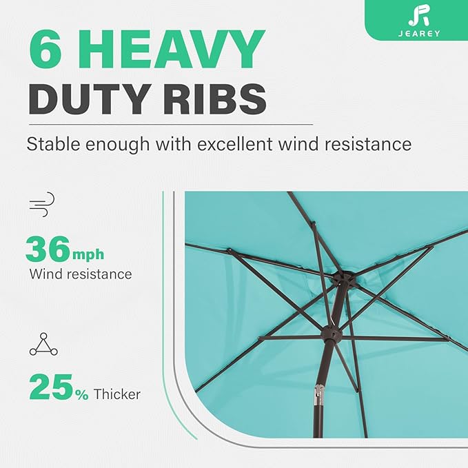 JEAREY 6.5x10 ft Rectangular Patio Umbrellas Outdoor Market Umbrella with Push Button Tilt and Crank, Rectangle Table Umbrella 6 Sturdy Ribs UV Protection for Pool Garden Backyard Deck, Peacock Blue