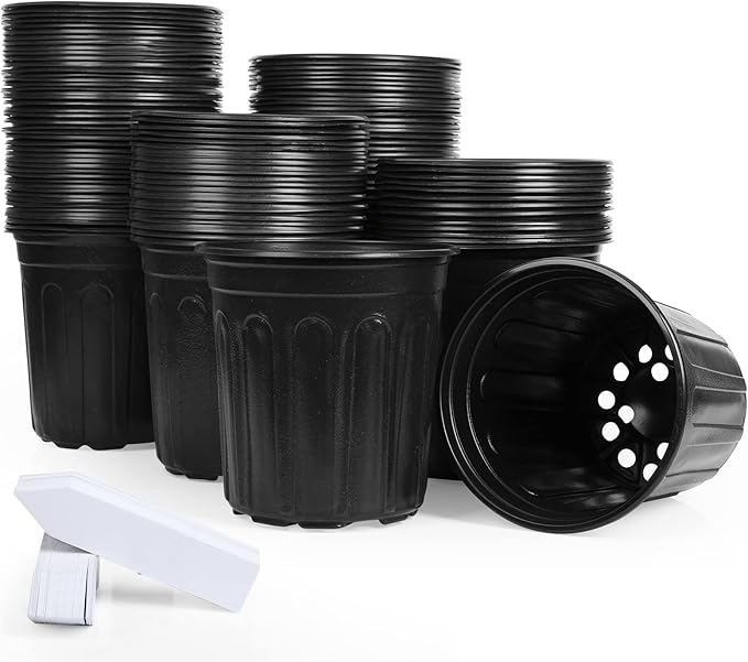 JERIA 100-Pack 1 Gallon Flexible Plant Nursery Pots with 100Pcs Plant Labels,Thickened Soft Plastic Seedling Pots,Seed Starting Pot Flower Plant Container for Succulents,Seedlings