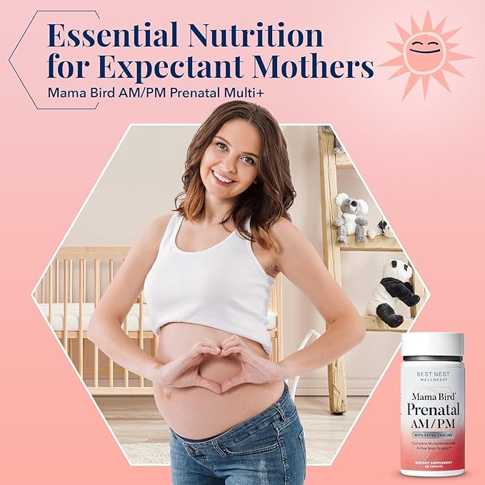 Best Nest Wellness Mama Bird AM/PM Prenatal Vitamins for Women: Methylated Multivitamin with Choline B12 & Methylfolate (Folic Acid), Pregnancy Vitamins for Women, w/Herbal Blend, 2X Daily, 60 Ct