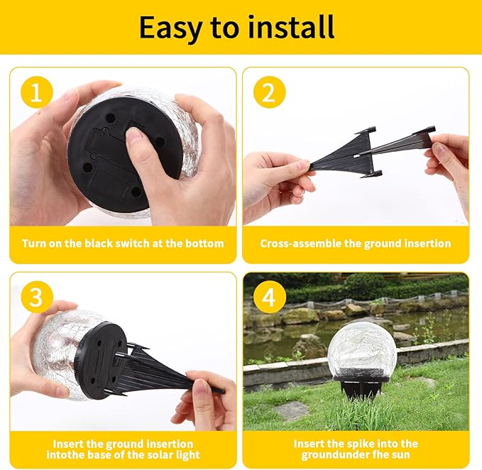 Solar Globe Lights, Cracked Glass Solar Waterproof Warm White LED Ball Lights for Yard Pathway Patio & Lawn Decor (Warm Colors, 2 Pack, 3.94")