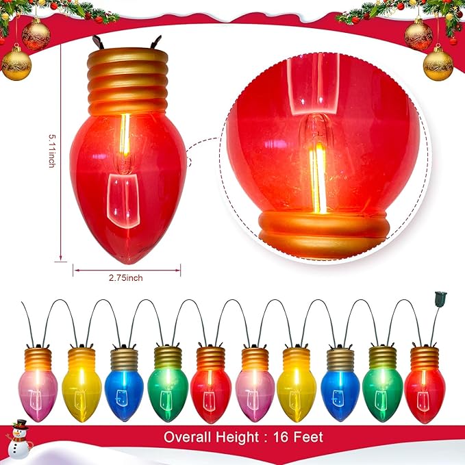 16FT Jumbo Christmas Lights Outdoor,C7 Giant String Light Christmas Outdoor Hanging Lights with 10 Large Clear Multicolor Bulb for Holiday Home Roof Yard Garden Decorations