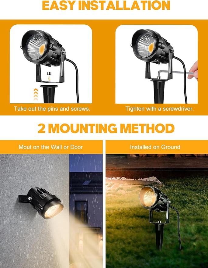 12W Landscape Lighting - Warm White Plug in Outdoor Landscape Light IP65 Waterproof 120V Lawn Flag Light Christmas Halloween Decorative Spotlight for Tree Outdoor Indoor Yard Garden, 2 Packs