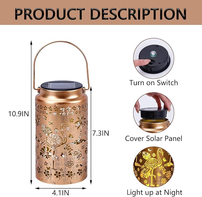 2 Pack Flamingo Solar Lanterns Outdoor Waterproof, Metal Hanging Lights Decorations for Garden Yard Lawn Patio, Flamingo Gifts for Women Mom Grandma Gardener for Mother'Day Christmas