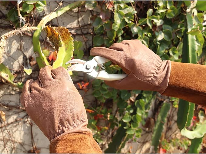 HANDLANDY Long Gardening Gloves for Men & Women, Cowhide Leather Rose Pruning Gloves- Breathable & Durable Gauntlet Gloves (Medium, Brown)