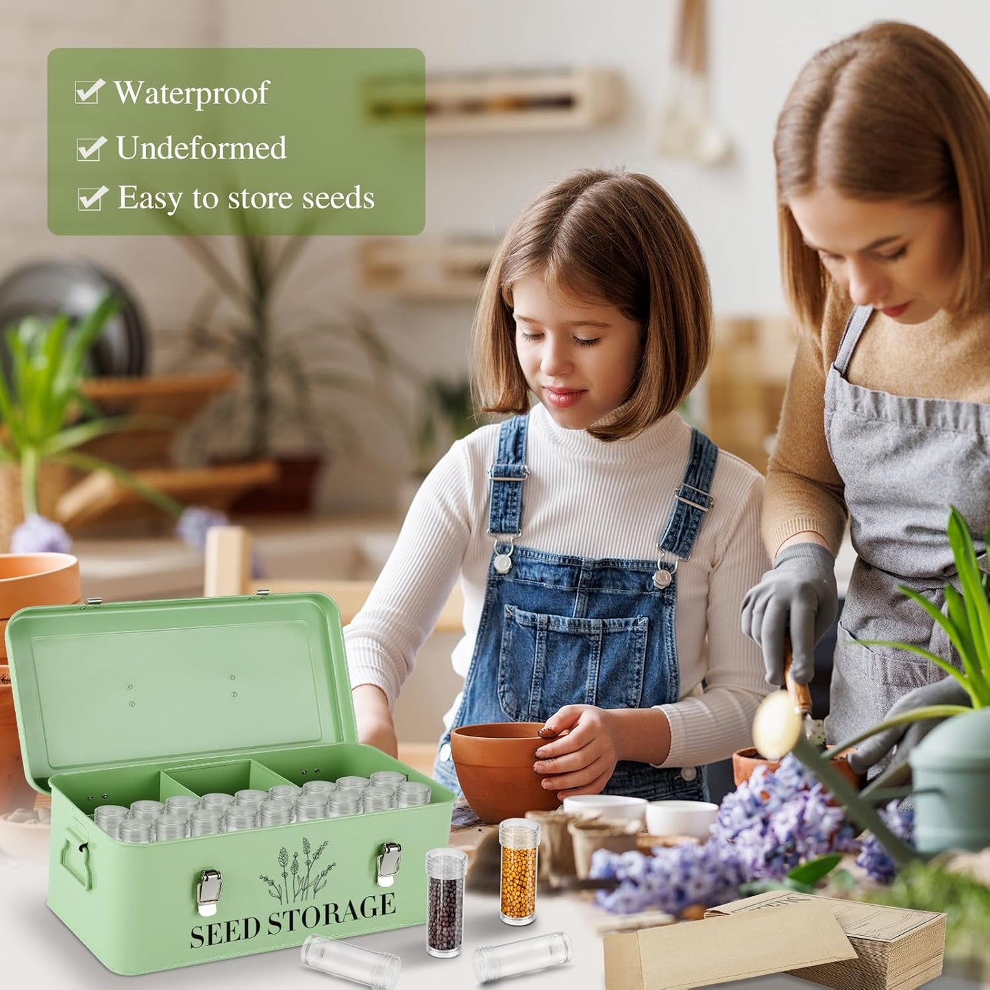 60 Slots Seed Storage Box with 4 Dividers, Metal Seed Storage Organizer, Seed Saving Box, Seed Packet Container, Professional All-in-one Kit with 60 Seed Envelopes and Label Stickers
