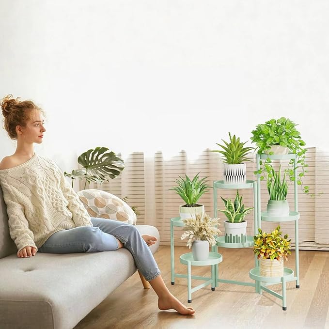 iDavosic.ly 7 Tier Large Plant Stand Indoor, 10 Inch Wide Tall Corner Metal Plant Stands Outdoor for Multiple Plants, Folding Tiered Flower Display Holder Rack Shelf, Light Green