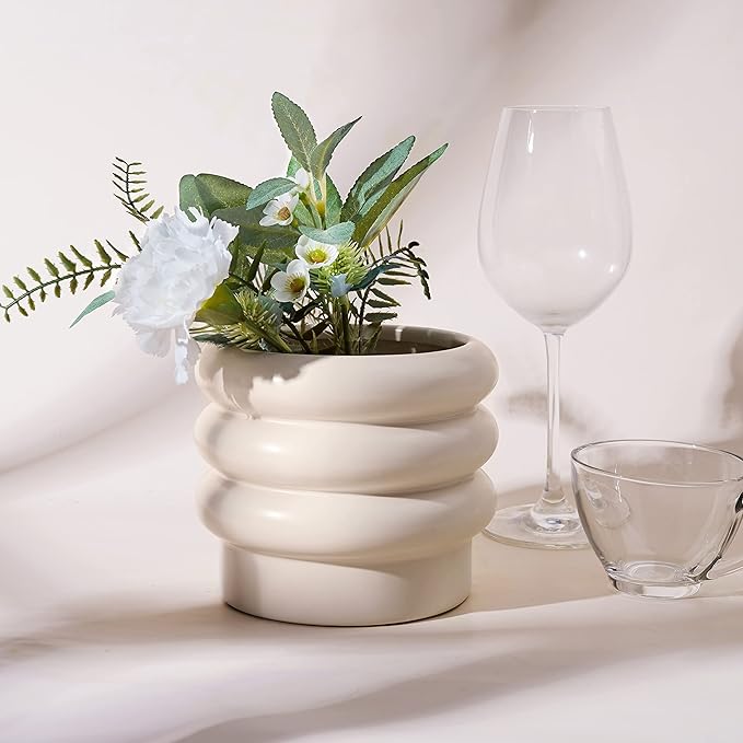 Tiered Bubble Ceramic Plant Pot, Creamy White 6 Inch Ceramic Planter with Drainage Holes, Ceramic Flower Pot with Mesh Pad, Rubber Plugs, Ceramic Pots for Indoor Plants Outdoor, Modern Décor
