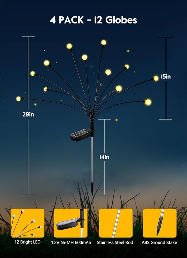 Solar Garden Lights - 8 Pack 12 LED Solar Firefly Lights with 2 Lighting Mode, Sway by Wind, Waterproof Solar Outdoor Light for Yard Patio Walkway Decoration, Warm White