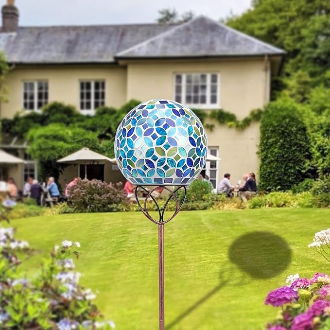 VCUTEKA Solar Outdoor Lights Garden Decor Mosaic Solar Garden Lights Waterproof Glass Ball LED Pathway Stake Light for Landscape Lawn Patio Yard Decoration 6 inch, Blue