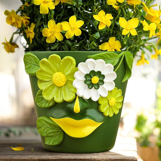 GUGUGO Flower Face Planters, Abstract Unique Head Plant Pot with Drainage, Rainbow Colorful Cute Flower Plant Pots for Indoor Plants, Funny Succulent Gardening Pot Gift Home Décor (Green&White, 5Inch)