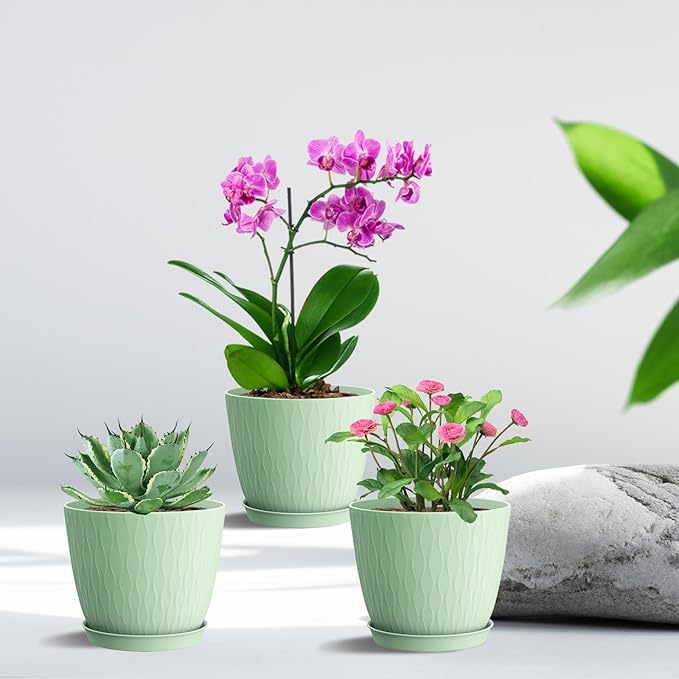 6 inch Plant pots, 12 Pack Modern Plastic Planters with Drainage Holes and Saucers for Repotting Indoor Plants and Flowers, Green