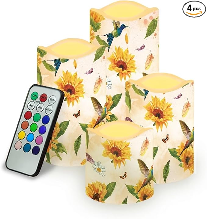 Ystardream Sunflower Hummingbird Flameless Candles with Timer Led Candles Flickering 4 Candle Sets for Home Decor,18 Key Remote Control,Dancing Flame, True Wax, Battery Powered.