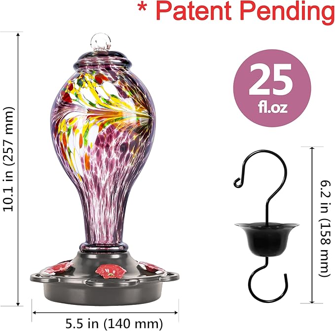 LUJII Hand Blown Glass Hummingbird Feeder for Outdoors Hanging with Ant Guard, 25 fl.oz, Leak Proof & Rustproof, Metal Base with 5 Feeding Ports & 5 Perches, Unique Garden & Backyard Decor (Purple)