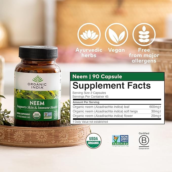 ORGANIC INDIA Neem Leaf Capsules, Herbal Supplement 90 Capsules