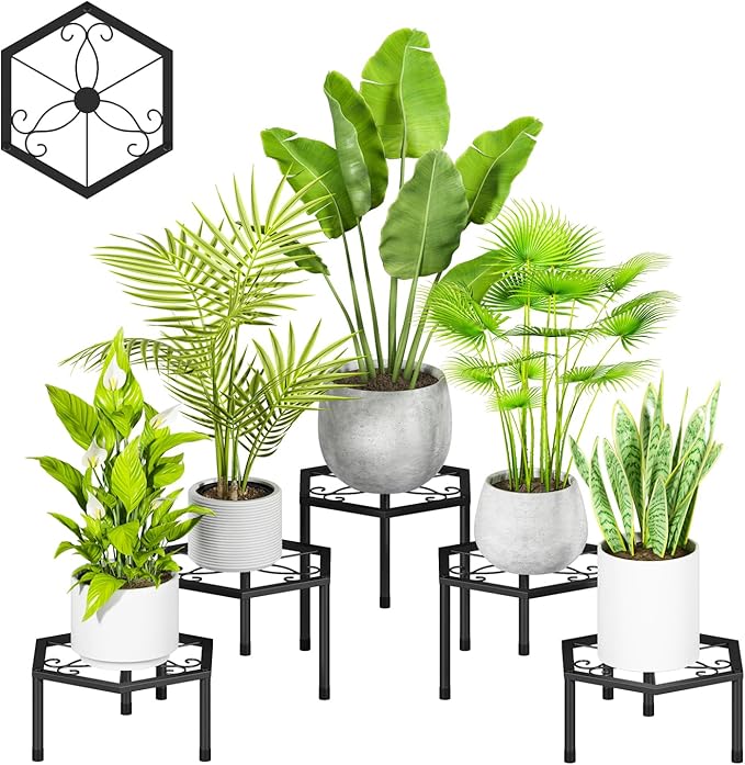 Small Metal Plant Stand indoor - 5 Pack Black Short Flower Pot Stand, Heavy Duty Anti-Rust Iron Shelf for Outdoor Home Patio Garden