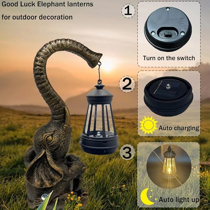 10.6 Inch Statue Elephant with Solar Outdoor Lights for Garden Decor,Lucky Present with Appeal For Birthdays(Man and Women and family), Unique Housewarming Presents and Yard Decoration. (black)