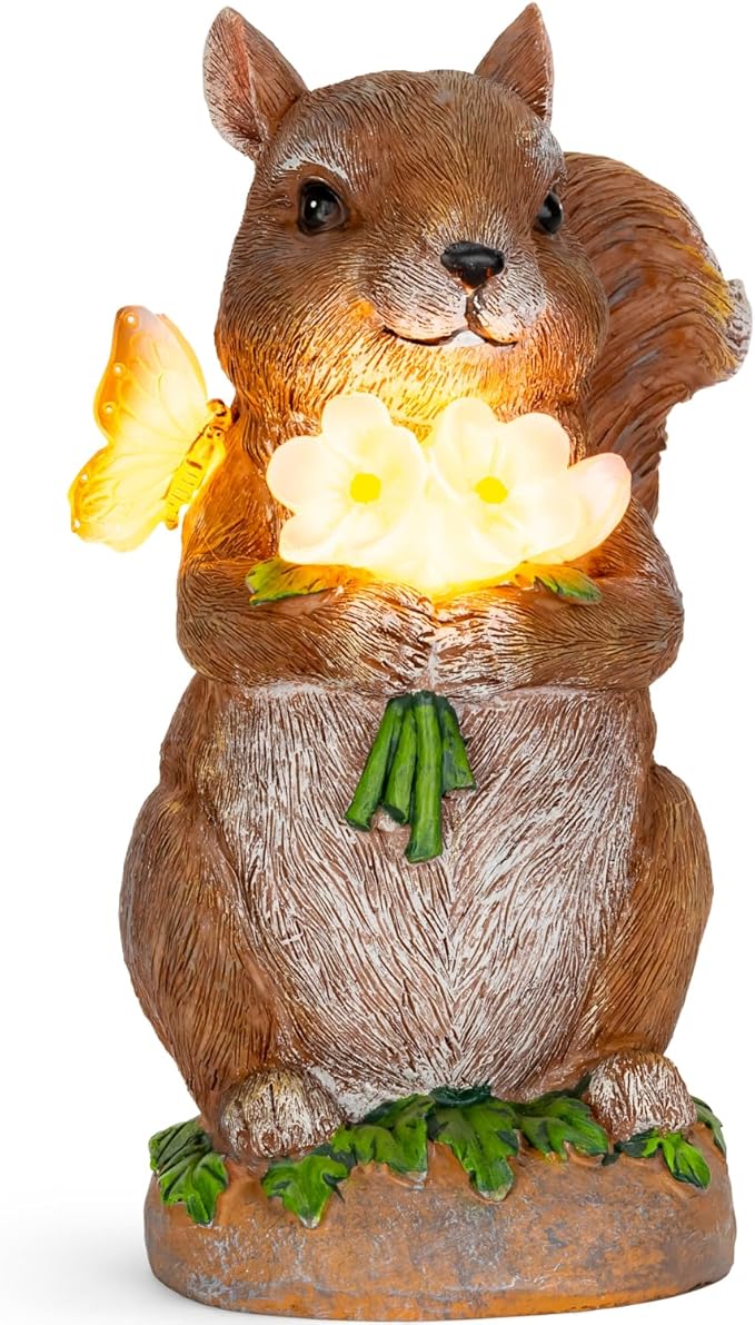 VP Home Charming Solar Powered LED Outdoor Decor Porcelain Squirrel Figurine Light Up Squirrel Gifts Garden Figurines Outdoor Solar Lawn Ornaments