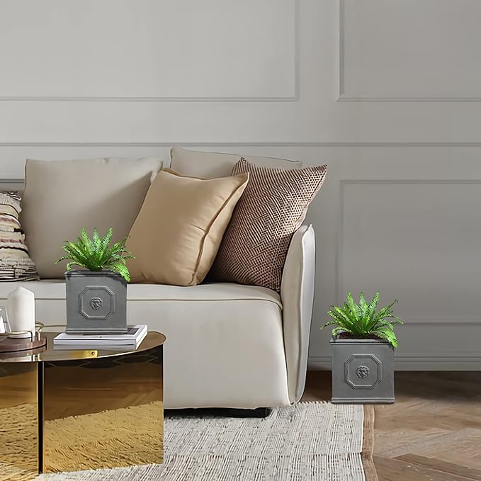 Kante Square Lion Head Concrete Planter Set of 2, Classic English Style Plant Pot with Drainage Hole and Rubber Plug for Indoor Outdoor, 10.2"x10.2"x10.2" and 12.6"x12.6"x12.6" Antique Gray