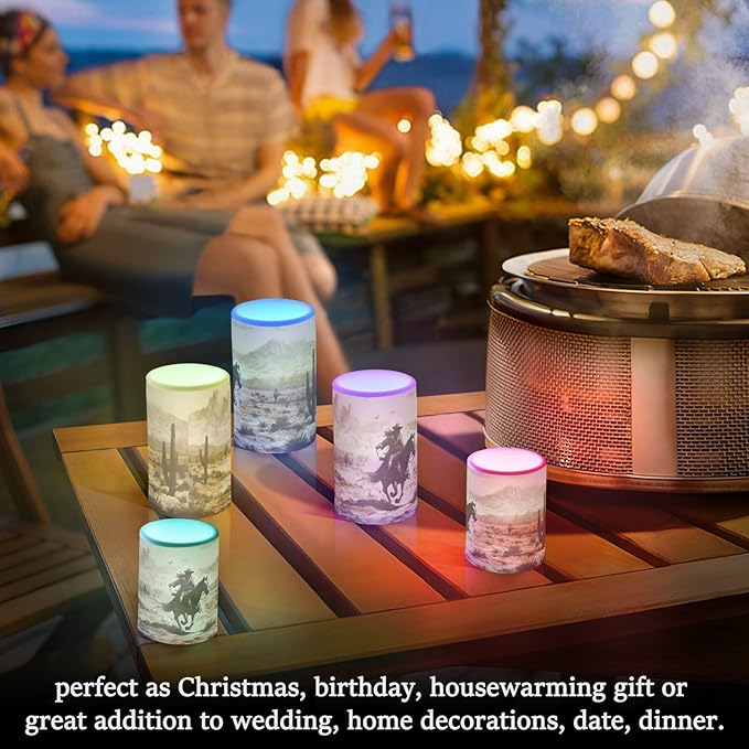 Western Desert Cowboy Flameless Candles with Remote Control and Timer, Adjustable Brightness Long Lasting Battery Operated LED Pillar Candles for Indoor Outdoor Party Home Decor, 2 Pack