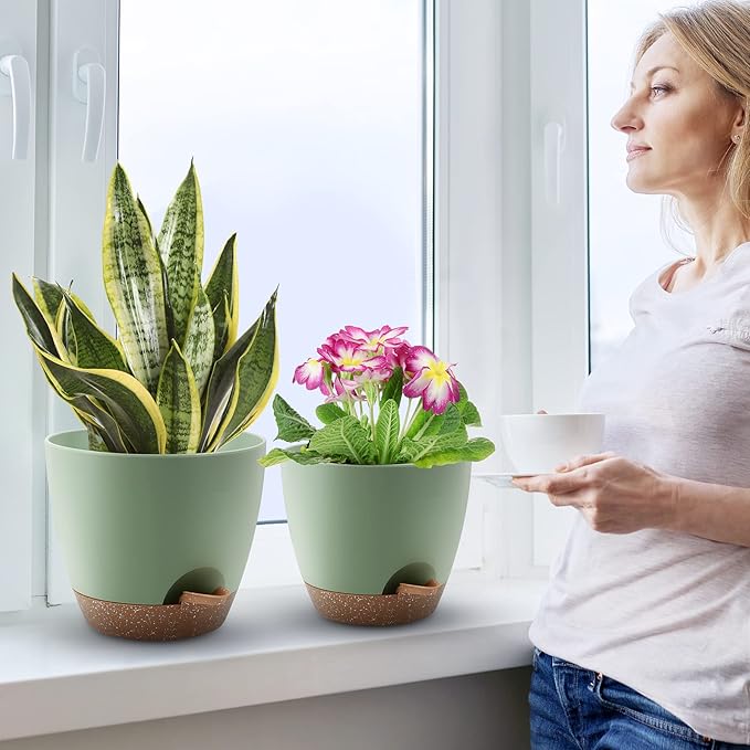 Plant Pots 10/9/8 Inch Self Watering Pots, Set of 3 Plastic Planters with Drainage Holes and Saucers,Plastic Flower Pots,Nursery Planting Pot for Indoor Out Door Plants(Green)
