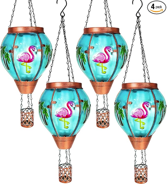 4 Pack Solar Hot Air Balloon Lantern with Flame, Flamingo Glass Solar Outdoor Lights Decorative for Outdoor Patio Garden Decor, Flamingo Gifts for Women Grandma Mom - Flamingo