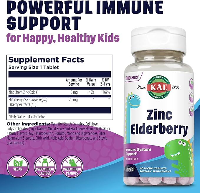 KAL Kids Zinc Elderberry Dinosaurs, Immune 90 Servings, 90 Micro