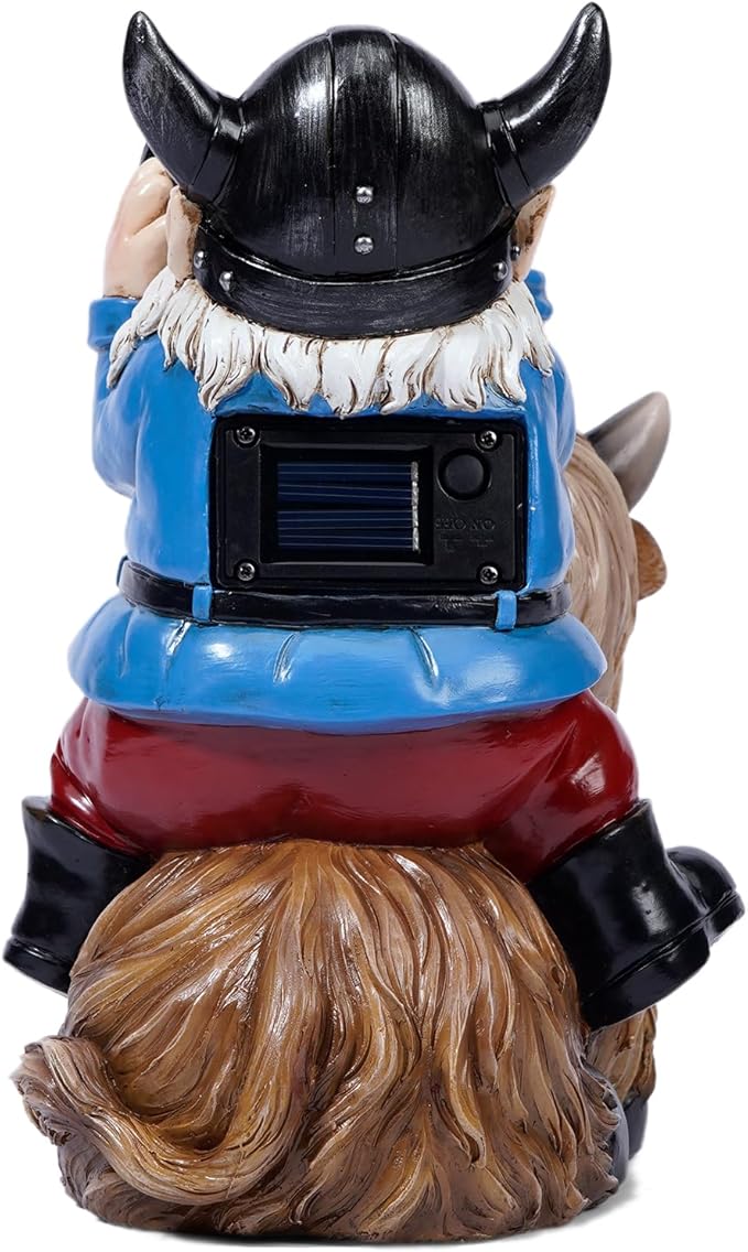 Tolimi Garden Gnome Sitting on Highland Cow Outdoor Statue wiht Solar LED Light Funny Decoration for Yard and Patio Gifts (Gnome)