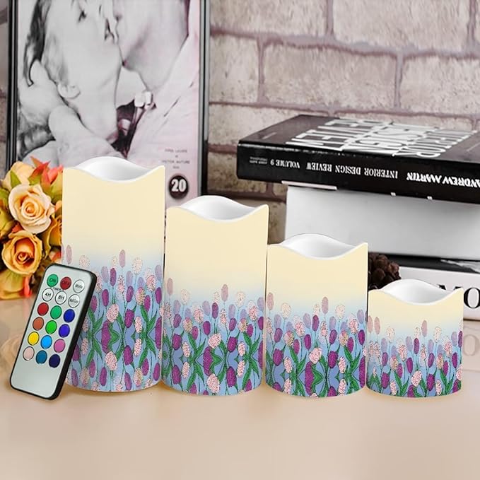 Ystardream Purple Tulips Flameless Candles with Timer Led Candles Flickering 4 Candle Sets for Home Decor,18 Key Remote Control,Dancing Flame, True Wax, Battery Power