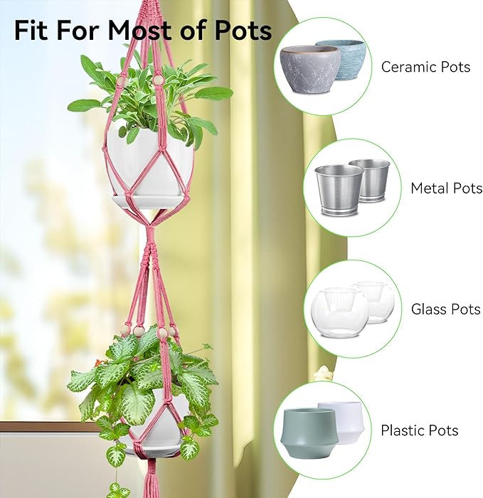 USLAI Macrame Plant Hanger Indoor Outdoor, Up to 4-15 inch Pot, Heavy 20lb Planters, Extra Long Strong Hanging Planter Basket Holder, Boho Home Decor, 49+72 Inch, Pink (POTS NOT Included)