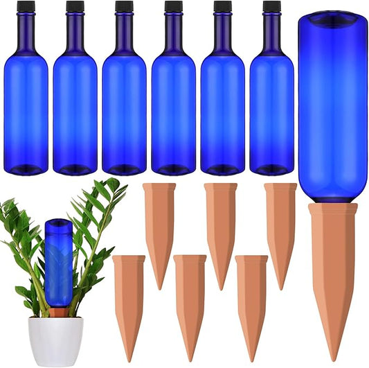 12 Pack Plant Watering Devices Include 6 Terracotta Self Watering Spikes and 6 Pcs 26 oz Plastic Bottles, Slow Release Vacation Insert Automatic Plant Waterer Device (Blue)