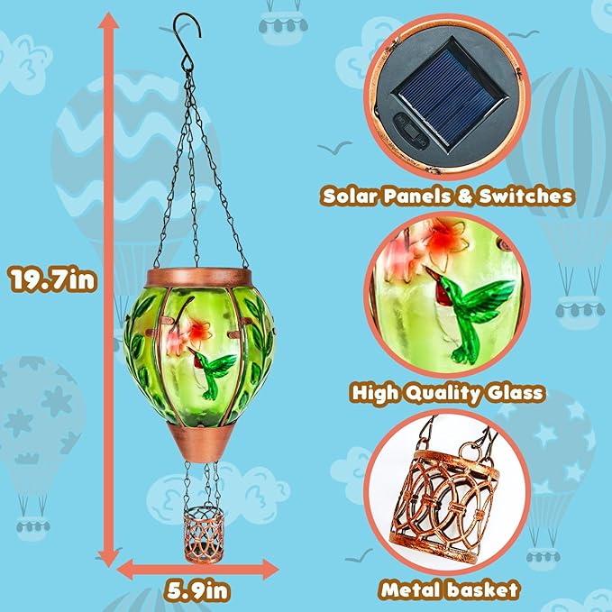 2 Pack Solar Hot Air Balloon Lantern with Flame,Hummingbird Outdoor Solar Lanterns for Outside Garden Yard Farmhouse Patio Pathway Decoration, Hummingbird Gifts for Women Grandma Mom - Hummingbird