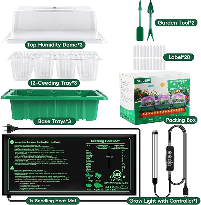 Verdenu Seed Starter Tray with Grow Lights and Heat Mat, 3 Pack 72-Cell Seedling Starter Kit with Humidity Dome, 3 Lighting Mode, 4 Dimming Level, Reusable Seed Germination Kit for Indoor Plant