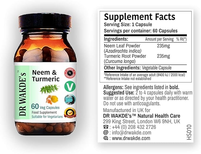 DR WAKDE'S Neem & Turmeric Capsules 60 Veg 100% Herbal