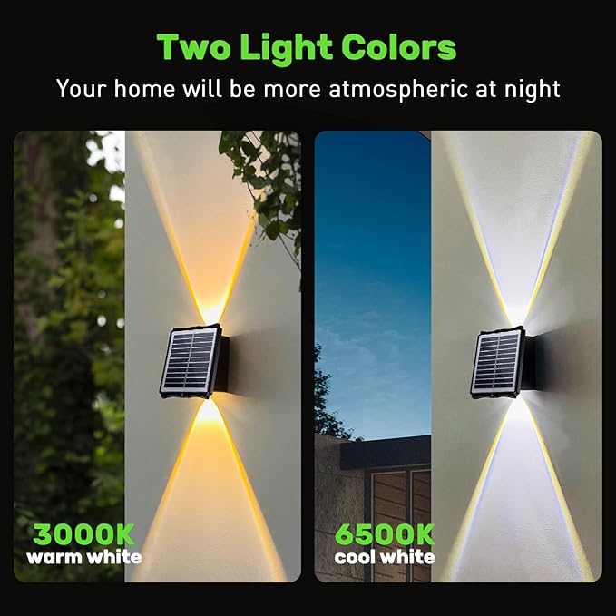 2LED Solar Wall Lights, Up and Down Lighting Solar Outdoor Light Waterproof IP65, 6500K/3000K Solar Fence Light Solar Powered Light for Yard Garden Garage Christmas Decorations (4 Pack)