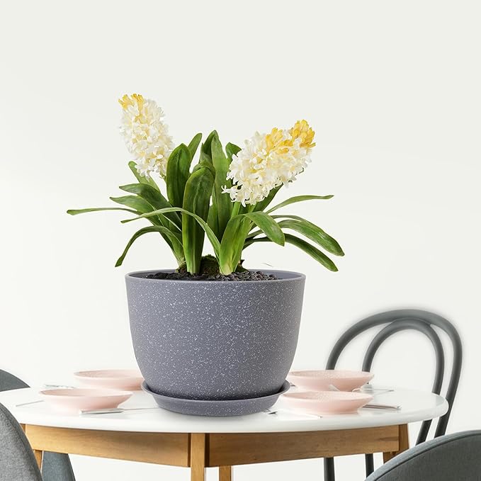 Plant Pots 12 inch, Plastic Planters with Drainage Holes and Saucers, Large Flower Pots for Indoor Outdoor Plants, Modern Decorative Pots for Garden House Plants, Speckled Grey