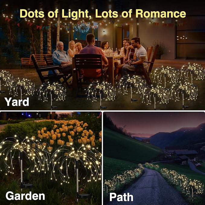 Firework Solar Garden Lights 4 Pack, 120 LED Solar Firework Lights with 8 Lighting Modes, Waterproof Sparkler Starburst Solar Lights Outdoor for Yard Porch Patio Backyard, Warm