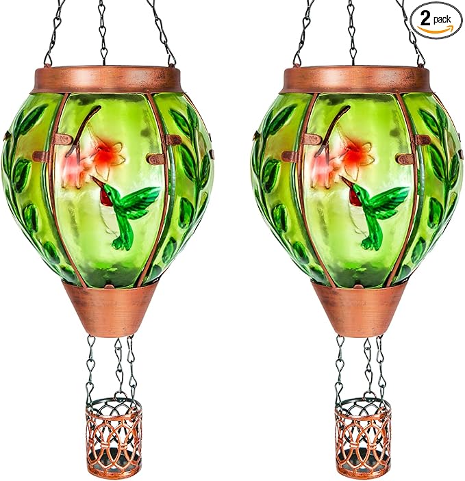 2 Pack Solar Hot Air Balloon Lantern with Flame,Hummingbird Outdoor Solar Lanterns for Outside Garden Yard Farmhouse Patio Pathway Decoration, Hummingbird Gifts for Women Grandma Mom - Hummingbird