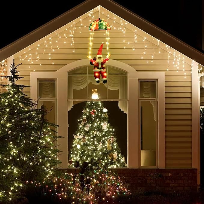 Christmas Decorations Lights Outdoor, 88 LED Christmas Parachute Lights with Santa Claus, 8 Modes Hanging Warm White Xmas Light, Holiday Decorative Lighting for Roof Eave Porch Balcony Indoor Decor