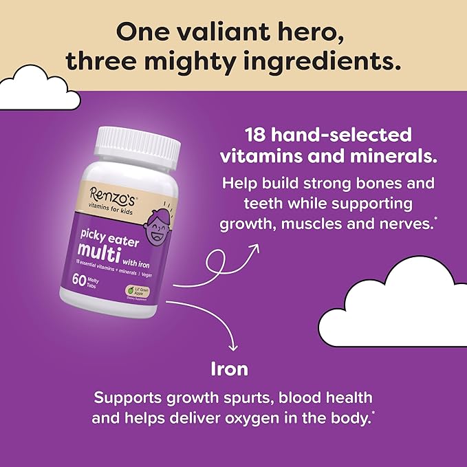 Renzo’s Picky Eater Kids Multivitamin with Iron D3 & K2 and 60 Sugar-Free