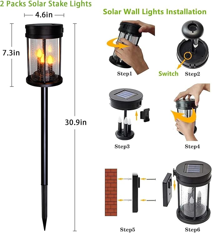 Outdoor Garden Solar Stake Lights Flickering Candle Lantern Lighting for Yard, Lawn, Patio, Pathway, Wall Decoration (2Pack, Black)