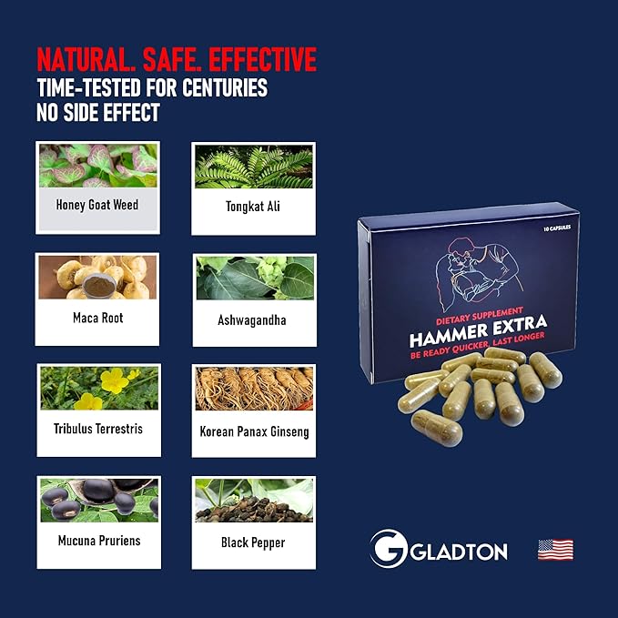 Hammer Extra Herbal Supplement for Men. Horny Goat Weed, Tongkat Ali, Ginseng & Maca Root for Energy, Stamina & Endurance. Fast Acting Male Performance Enhancing Pill - 10 Capsules