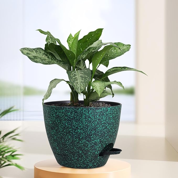 12 inch Large Self Watering Pots for Indoor Outdoor Plants, Flower Plant Pots with Mesh Drainage Holes for Garden House Plants, Plastic Planters for Home Plants, Black with Green Speckles