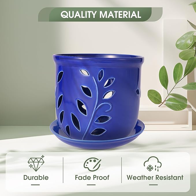 6.1 in Ceramic Orchid Pot with Holes & Saucers, Large Orchid Planter for Indoor Outdoor Home Decor, Flower Plant Pot with Drainage for Repotting, Blue