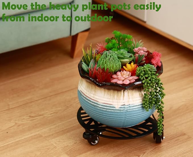 1 Pack Large Metal Plant Caddy with Wheels 13.6 Inches Heavy-duty Wrought Iron Rolling Plant Stand with Casters Indoor Outdoor Plant Roller Base Planter Movers Plant Dolly Coaster Trolley Black
