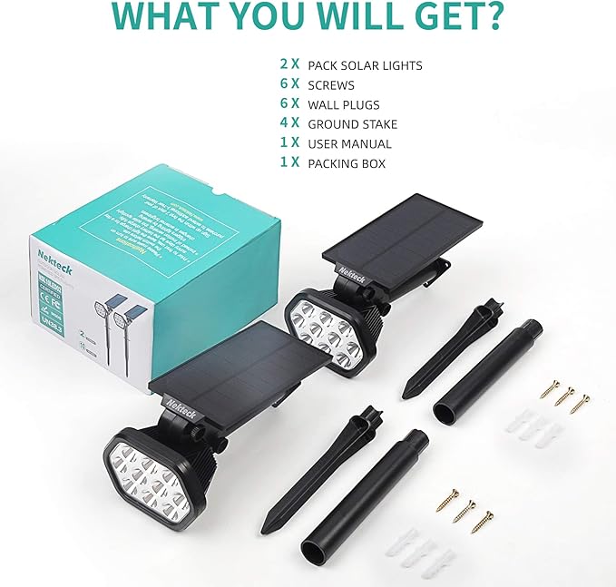 Nekteck Solar Lights Outdoor,10 LED Landscape Spotlights Powered Wall Lights 2-in-1 Wireless Adjustable Security Decoration Lighting for Yard Garden Walkway Porch Pool Driveway (6 Pack, Warm White)