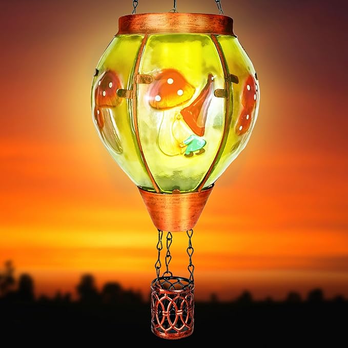 2 Pack Solar Hot Air Balloon Lantern with Flame,Mushroom Gnome Glass Solar Hanging Lanterns Outdoor for Outside Garden Patio Tree Porch Yard, Mushroom Gifts for Women Grandma Mom - Mushroom
